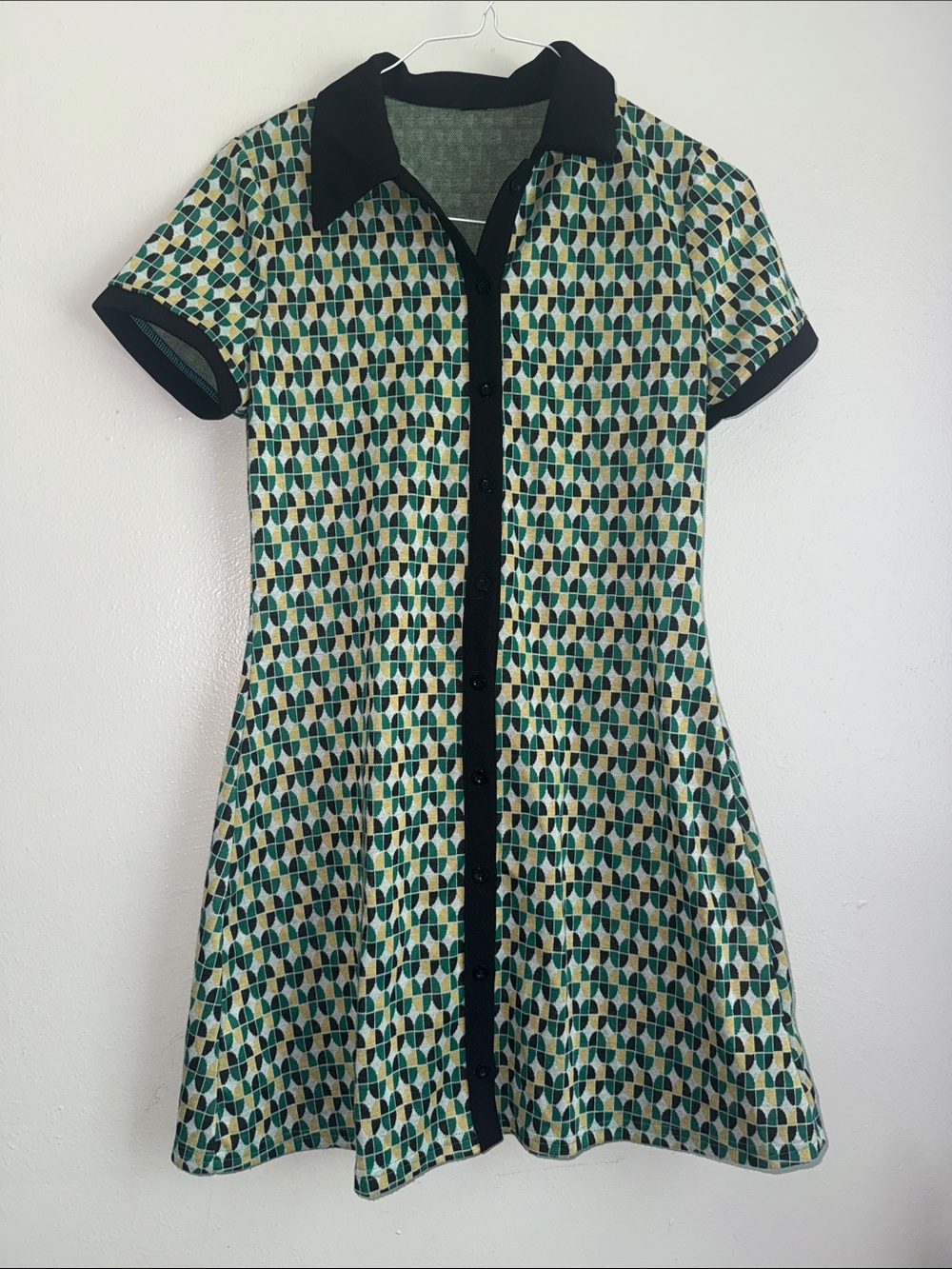 Women’s Teal Geometric Button-Front Dress with Black Trim